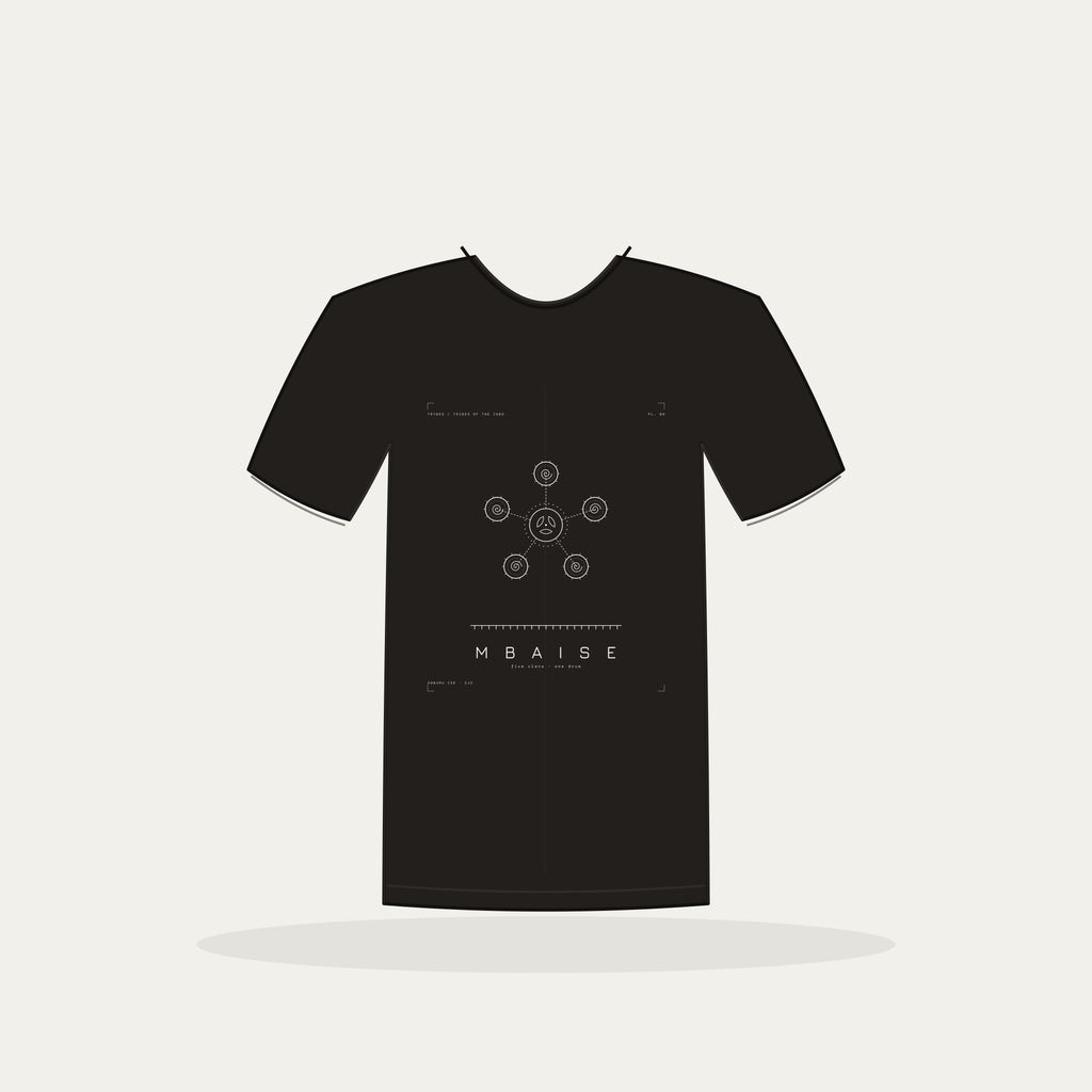 Mbaise Tee · Plate VIII · Five Clans, One Drum · Pre-Order (Ships ASAP) — tee mockup | 08-mbaise-bw-black-tee.jpg