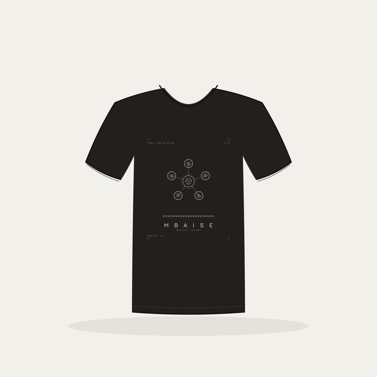Mbaise Tee · Plate VIII · Five Clans, One Drum · Pre-Order (Ships ASAP) — tee mockup | 08-mbaise-bw-black-tee.jpg
