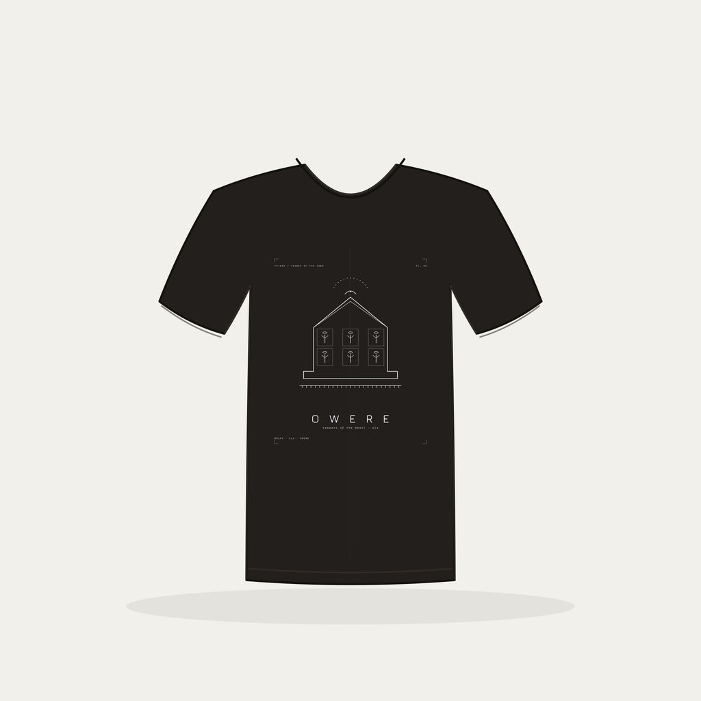 Owere Tee · Plate IX · Keepers of the Mbari · Pre-Order (Ships ASAP) — tee mockup | 09-owere-bw-black-tee.jpg