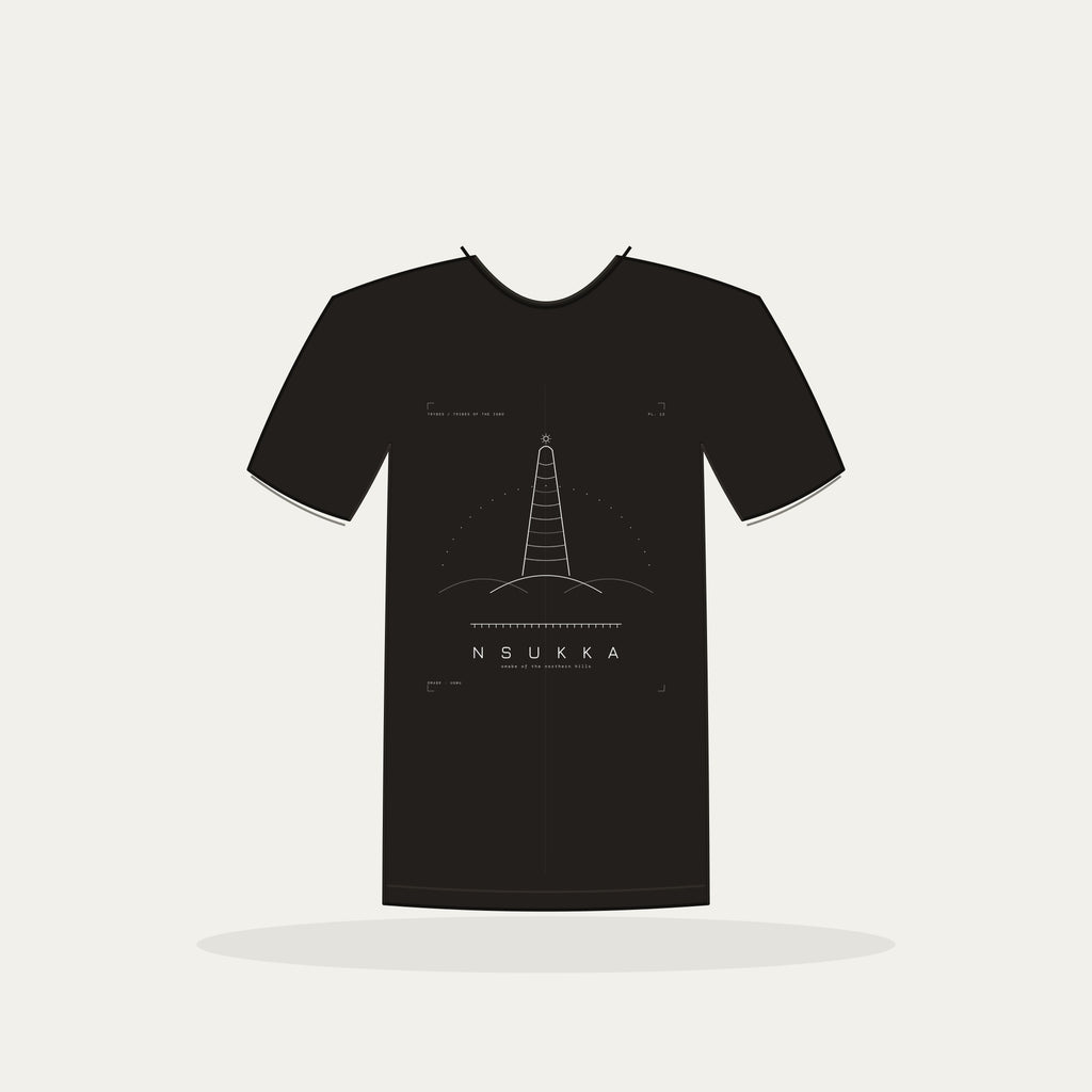 Nsukka Tee · Plate XII · Omabe of the Northern Hills · Pre-Order (Ships ASAP) — tee mockup | 12-nsukka-bw-black-tee.jpg