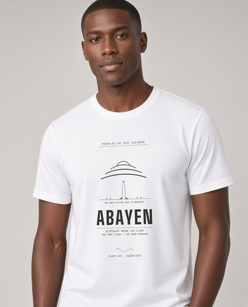 Abayen Tee · Plate XVI · The Cotton Tree at Ndodoghi · Pre-Order (Ships ASAP) on-model White variant