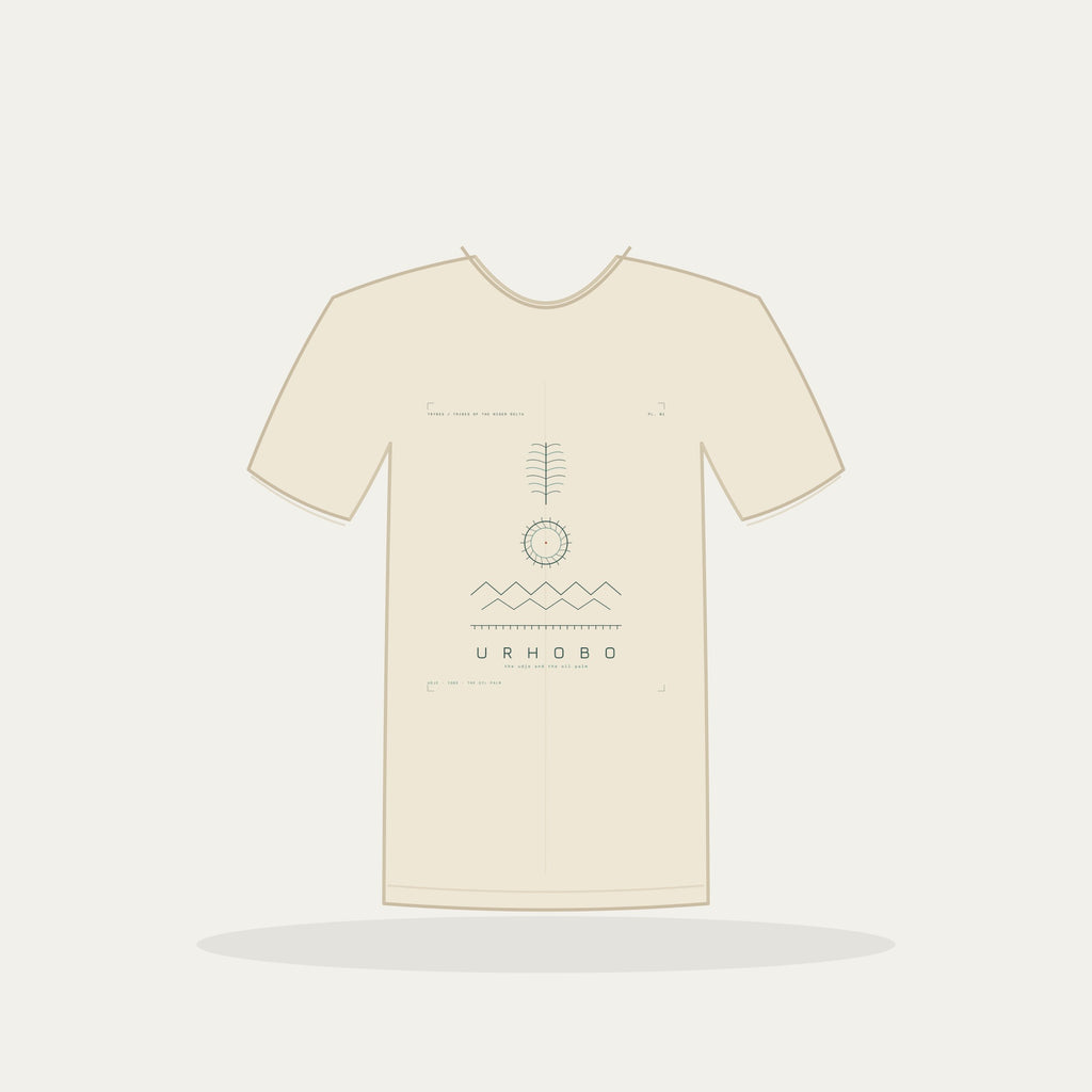 Urhobo Tee · Plate I · The Udje and the Oil Palm · Pre-Order (Ships ASAP) — tee mockup | nd01-urhobo-cream-front.jpg