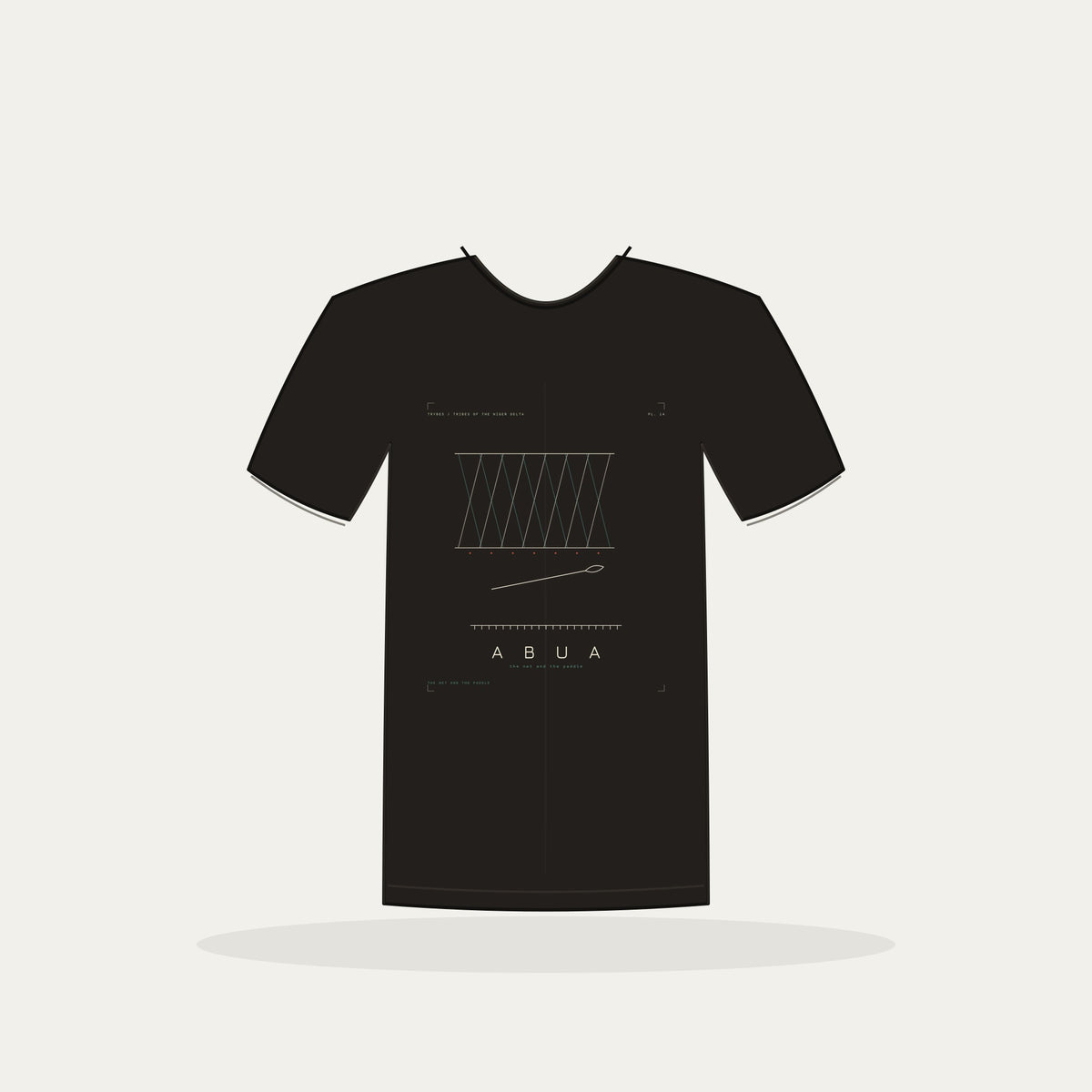 Abua Tee · Plate XIV · The Net and the Paddle · Pre-Order (Ships ASAP) — tee mockup | nd14-abua-black-front.jpg