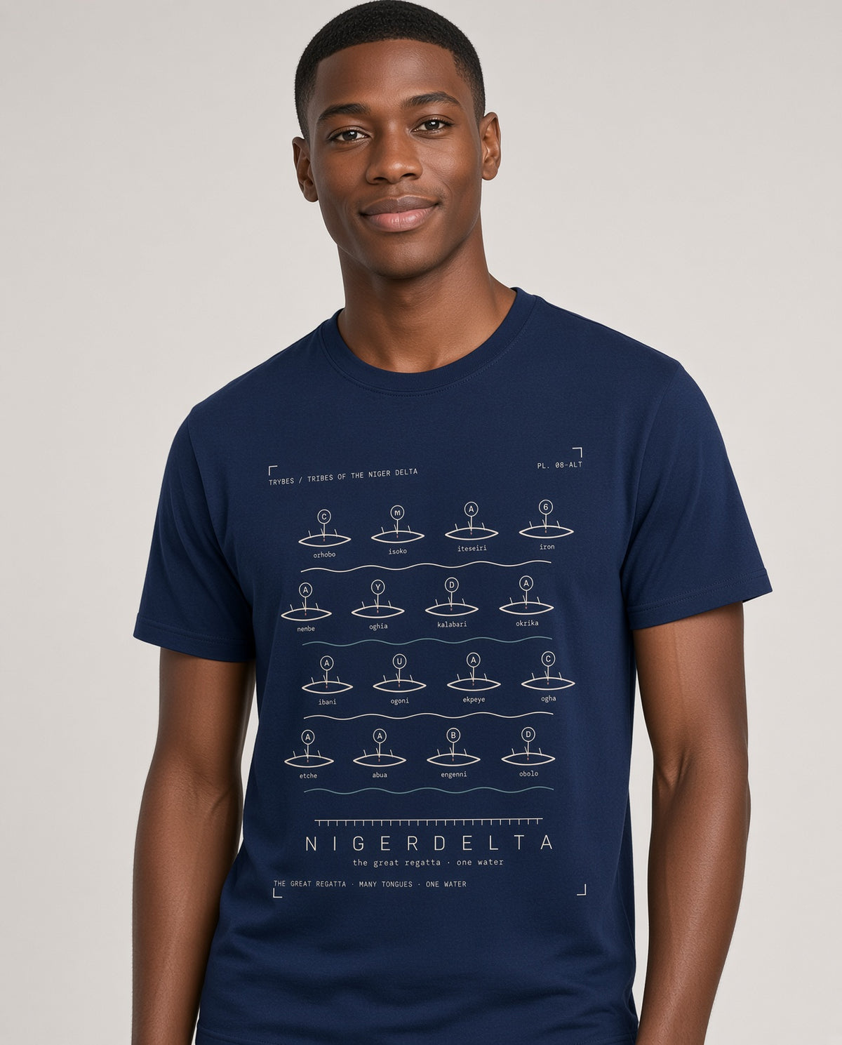 Obolo Tee · Plate XVI · People of the Open Coast · Pre-Order (Ships ASAP) on-model Navy Blue variant